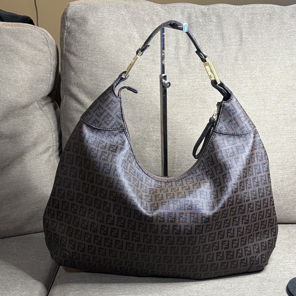 Authentic Fendi Dark Brown Zucchino FF Logo Hobo Bag with Gold-Tone Accents - Picture 3 of 15